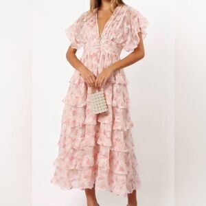 XS Petal & Pup DAPHNE RUFFLE MIDI DRESS - PINK ORANGE